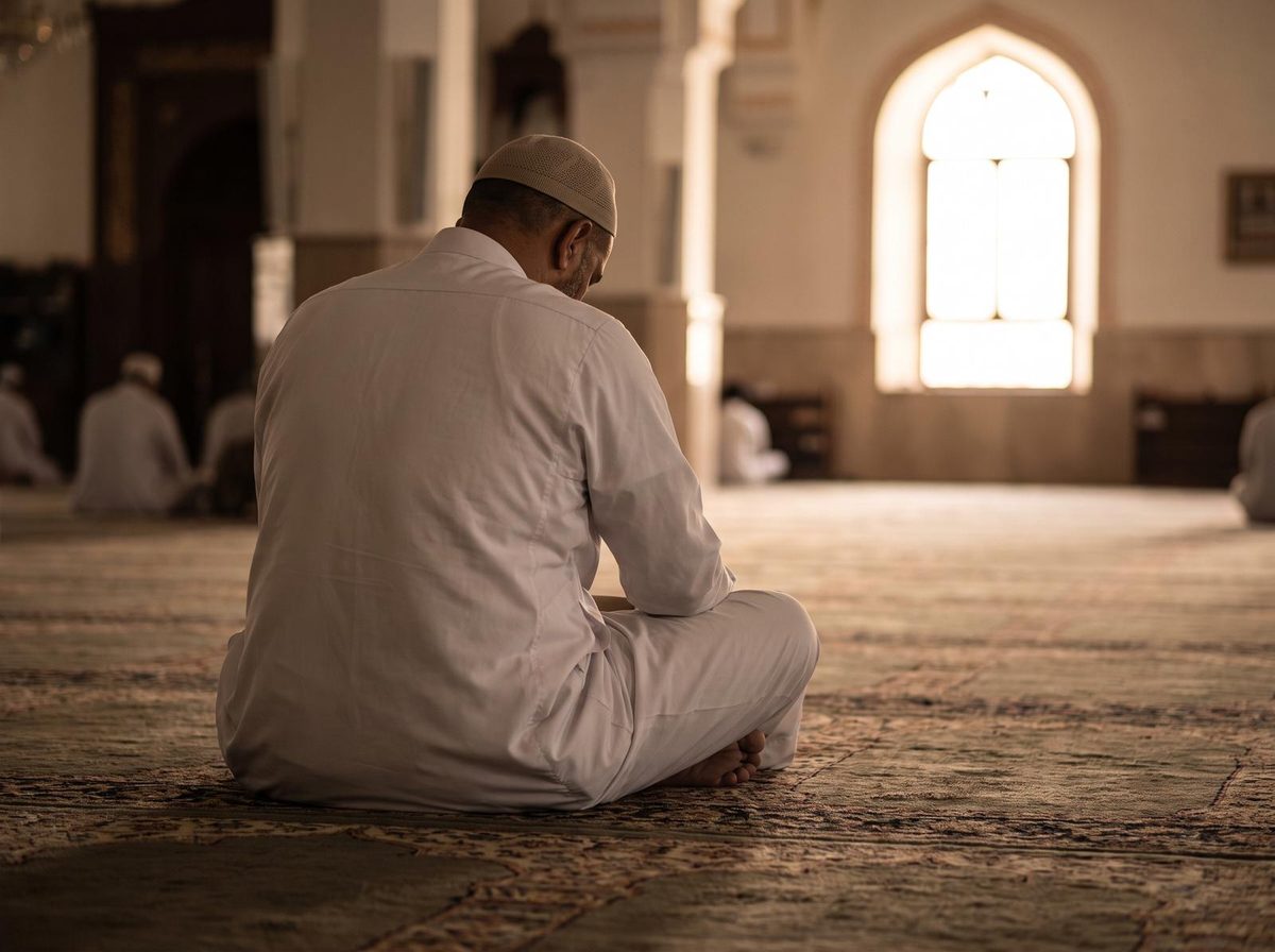 A man in a white thobe sitting on a mosque carpet after prayer, seen from behind