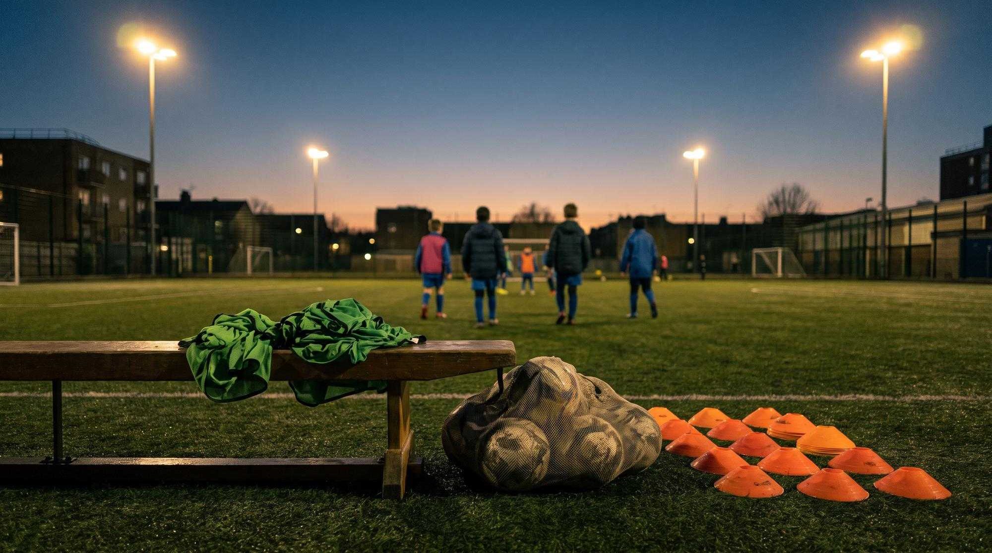 A floodlit artificial-grass pitch at dusk with training cones, a bag of balls and green bibs on a bench