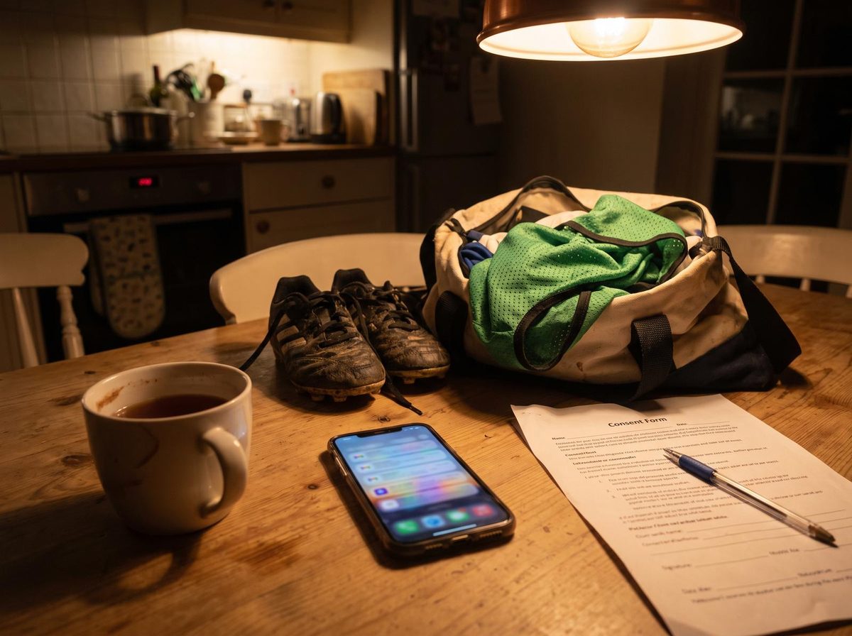 A kitchen table in the evening with football boots, a kit bag, a phone and a consent form