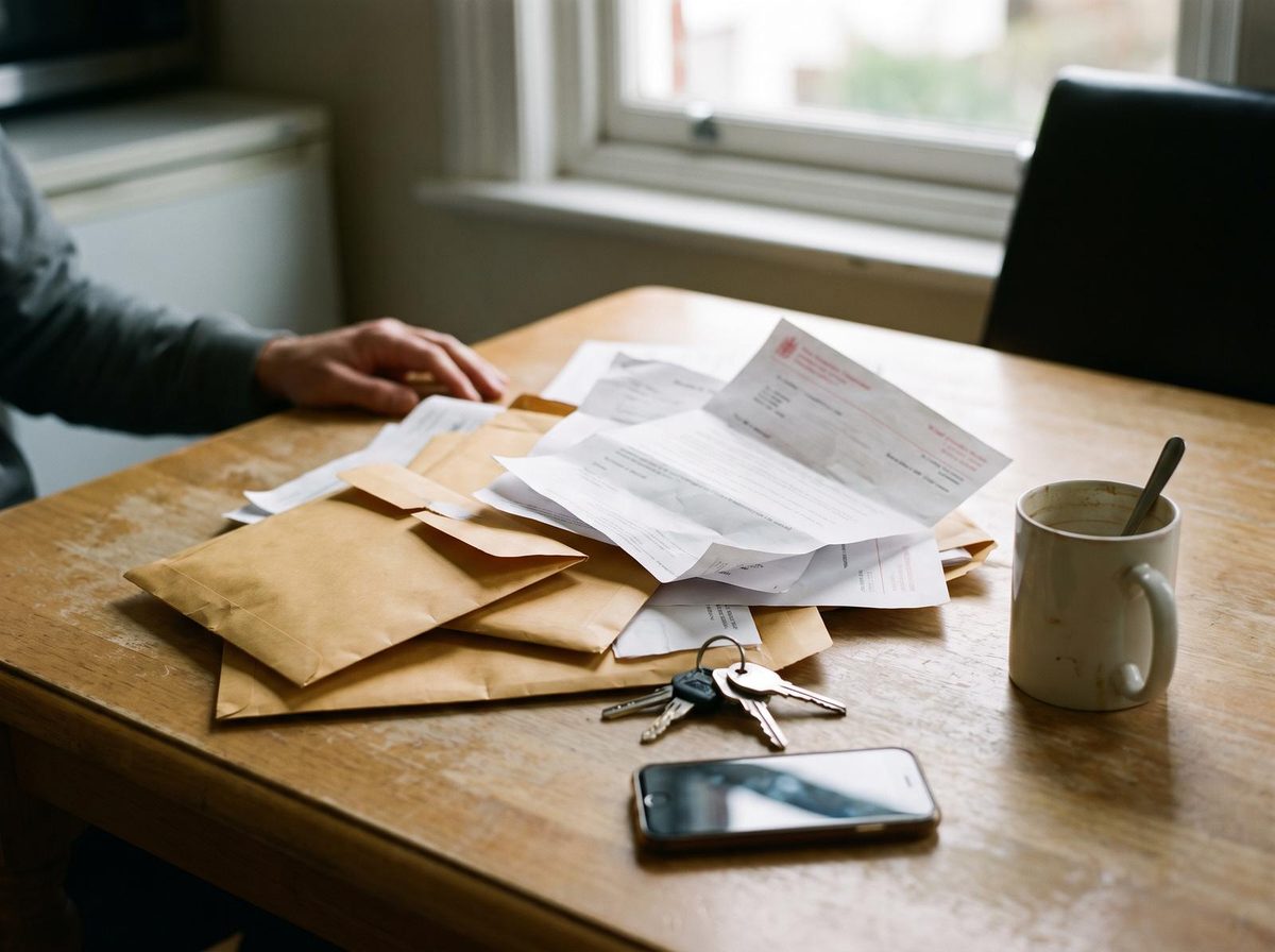 A kitchen table with a pile of opened letters and envelopes, keys, a phone and a mug