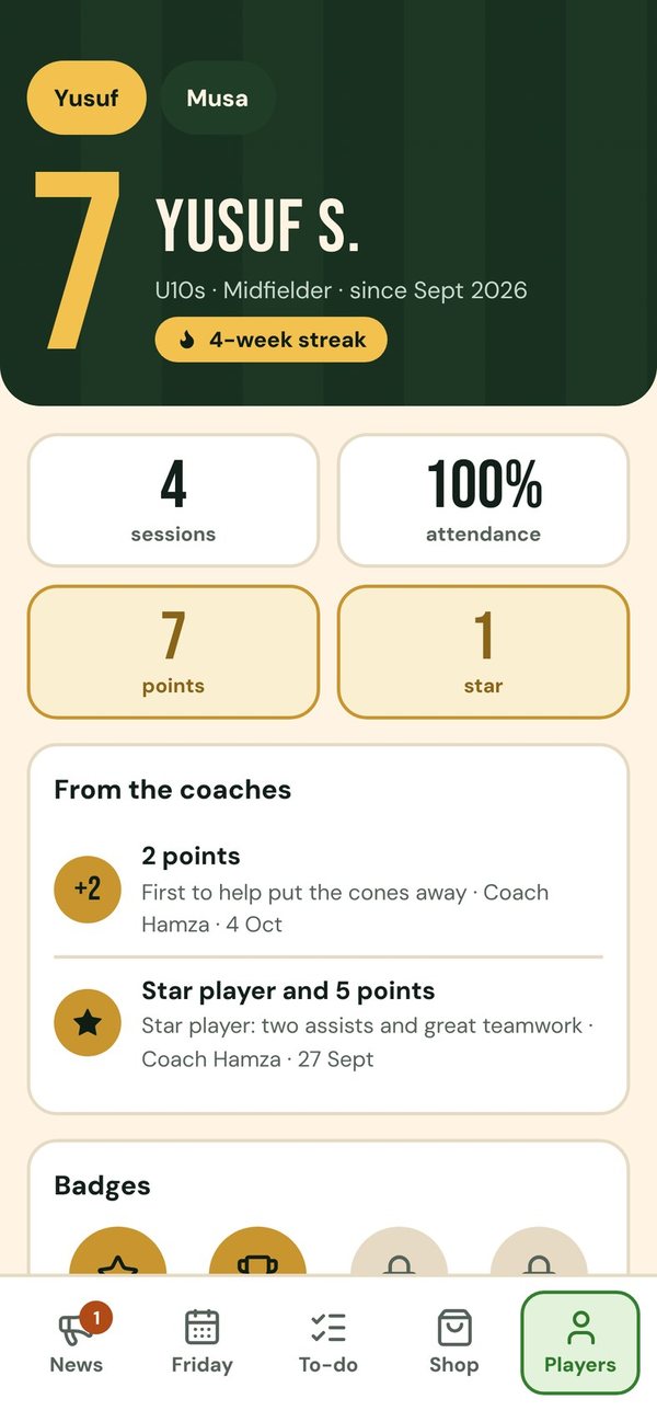 Player profile with sessions, attendance, points, stars and coach notes