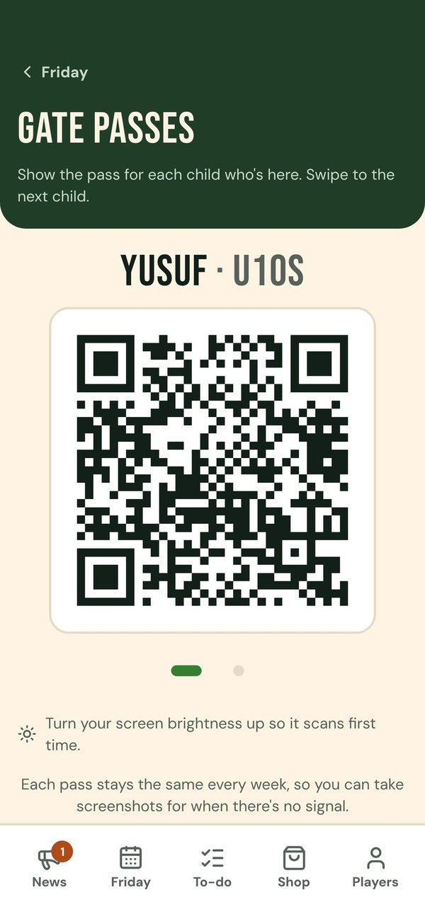 Gate pass screen with a QR code for one child