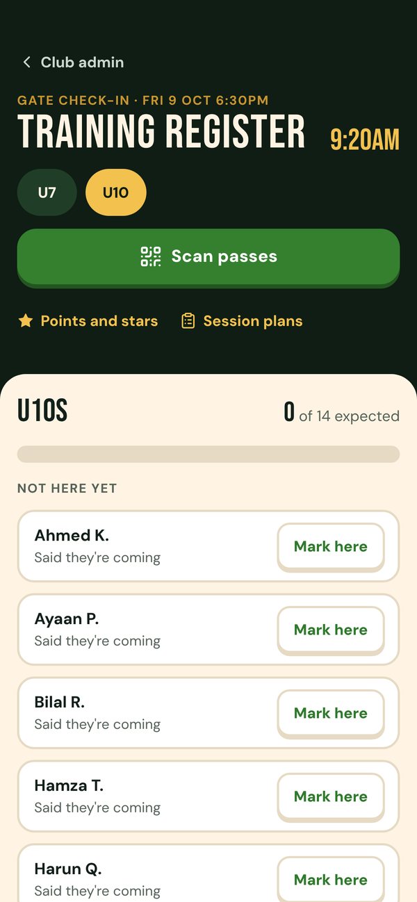 Coach training register with a Scan passes button and a list of children