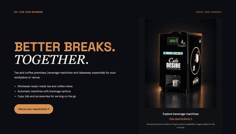 Better breaks, together: a section for businesses listing wholesale mixes, drinks machines and cups, next to a drinks machine