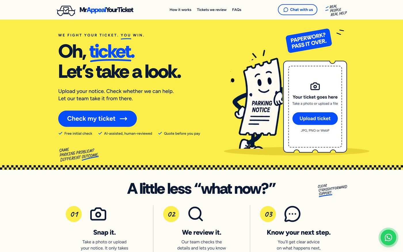 Mr Appeal homepage with an upload your ticket card