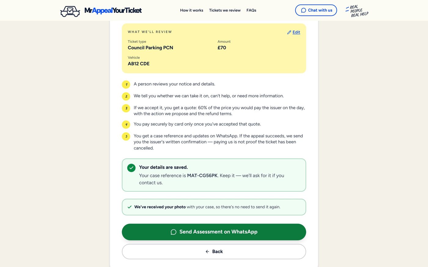 Case saved page with a case reference and a WhatsApp button