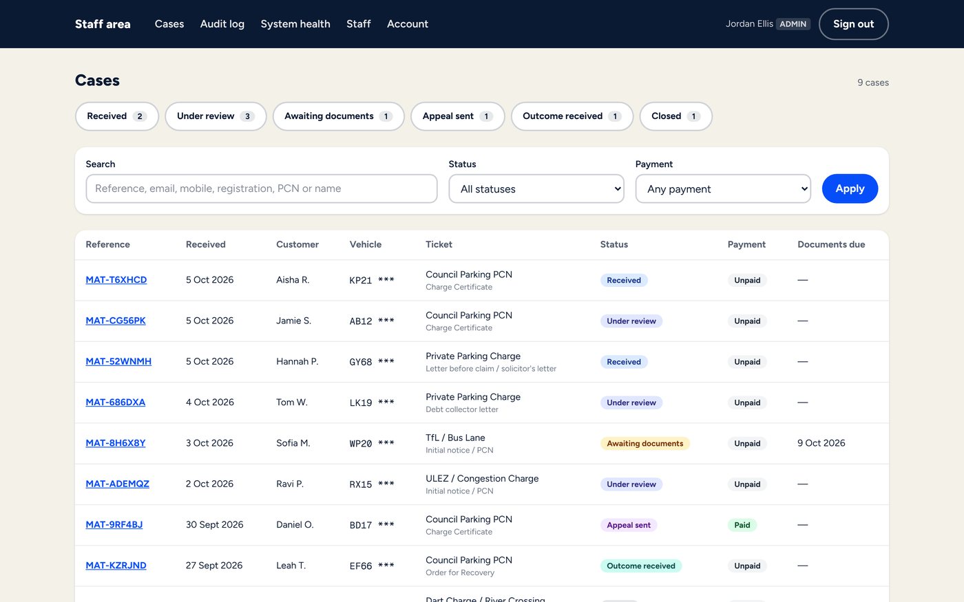 Staff area listing cases by status with sample customer names