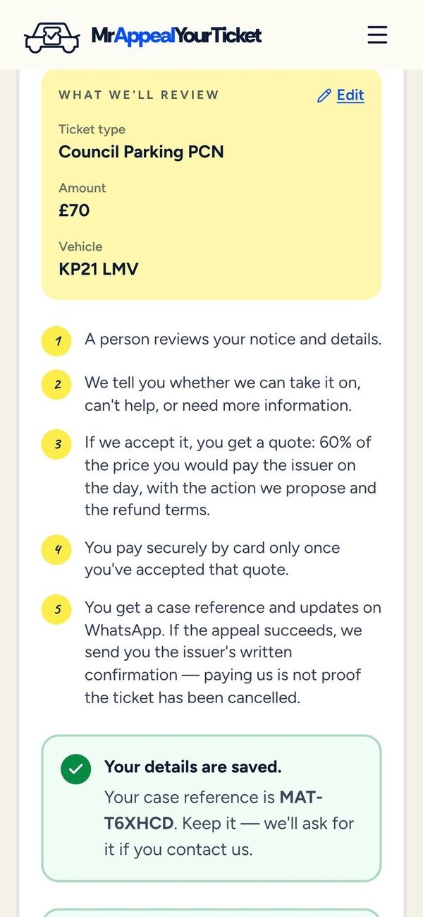 The same saved case page on a phone
