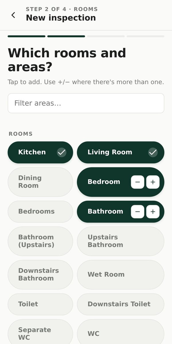 SiteSnap setup screen for picking rooms and areas