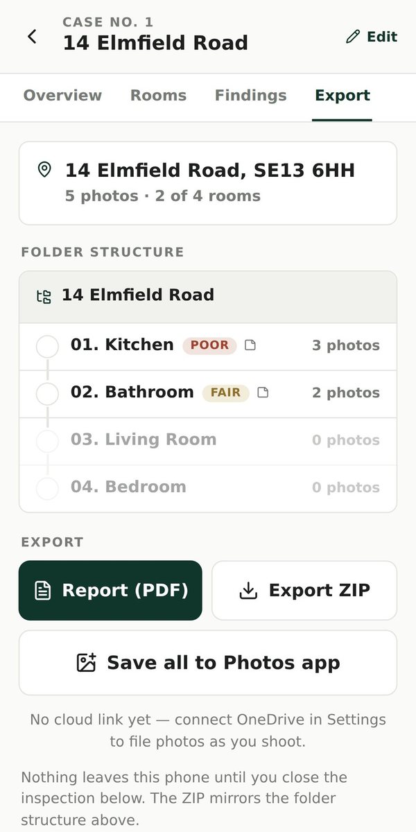 SiteSnap export screen with report PDF, ZIP and save to Photos buttons