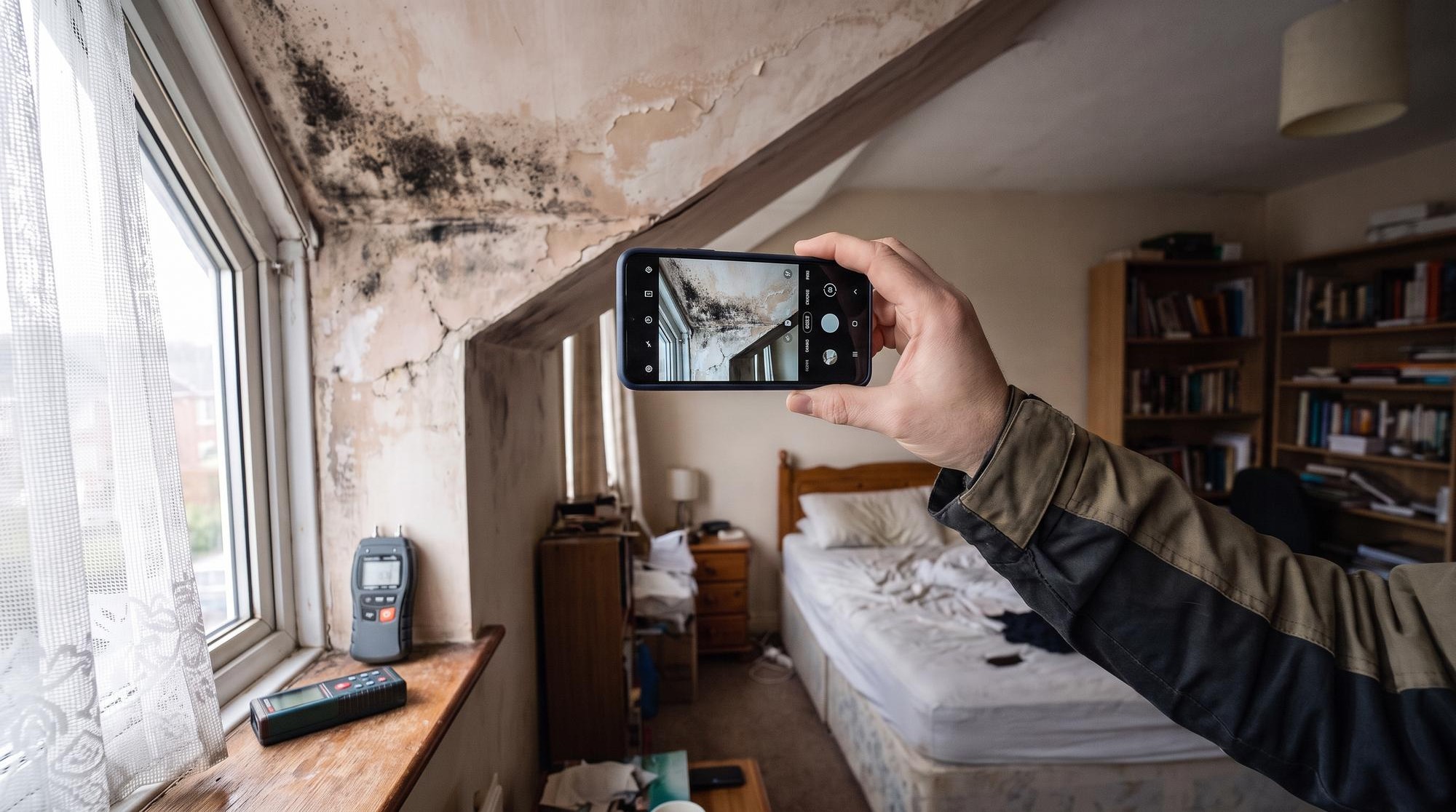 A surveyor's hand holding a phone up to photograph black mould on a bedroom ceiling