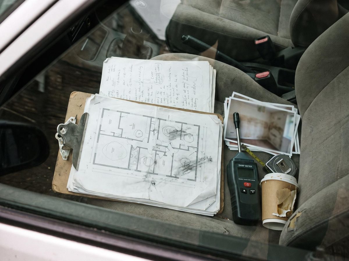 A clipboard of handwritten notes, a floor plan, printed photos and a damp meter on a car seat